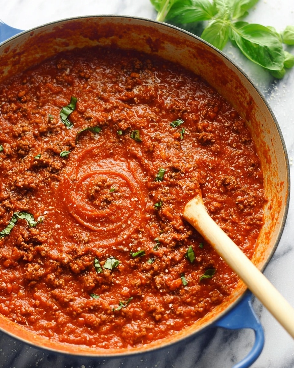 A blue cast iron pan filled with thick red tomato sauce mixed with browned ground meat, showing a rich and slightly chunky texture. The sauce has small green herb pieces scattered on top and a swirl pattern in the middle made by a wooden spoon resting in the pan from the right side. The edges of the pan show some sauce splatter, and fresh green basil leaves are visible on the top right corner sitting on a white marbled surface. Photo taken with an iphone --ar 4:5 --v 7