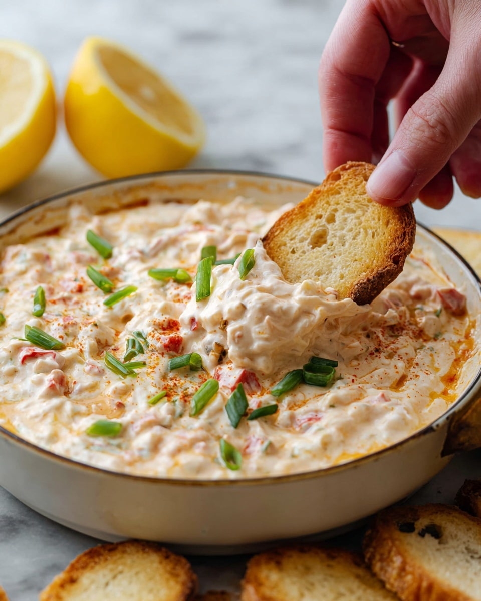 A thick creamy dip with three visible layers: the base layer is light beige with bits of small red and white pieces mixed in, the top is garnished with scattered chopped bright green scallions, and there is a woman's hand dipping a piece of toasted light golden bread into the dip with a smooth, slightly chunky texture. The dip is served in a white bowl with a thin rim, placed on a white marbled surface, with two lemon halves blurred in the background and toasted bread slices around the bowl. photo taken with an iphone --ar 4:5 --v 7