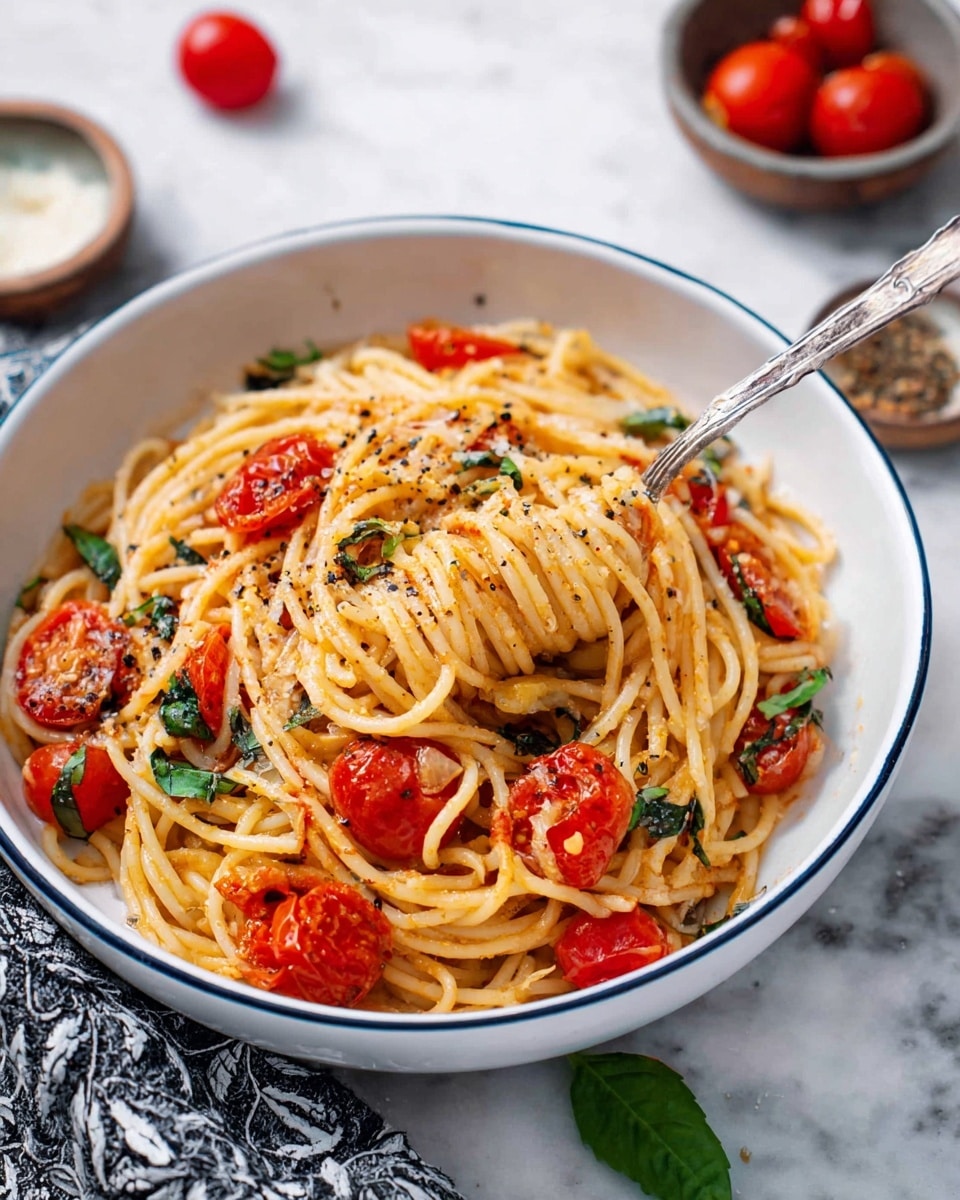 A white bowl with a thin blue rim holds a serving of spaghetti mixed with pieces of bright red cherry tomatoes and green basil leaves scattered throughout. The noodles are coated lightly in a sauce giving them a shiny, slightly oily texture. A silver fork is twirling a small bundle of spaghetti in the center of the bowl, with bits of black pepper sprinkled on top. The bowl sits on a white marbled surface with a soft dark and white patterned cloth nearby, and some out-of-focus cherry tomatoes and small bowls in the background. Photo taken with an iphone --ar 4:5 --v 7