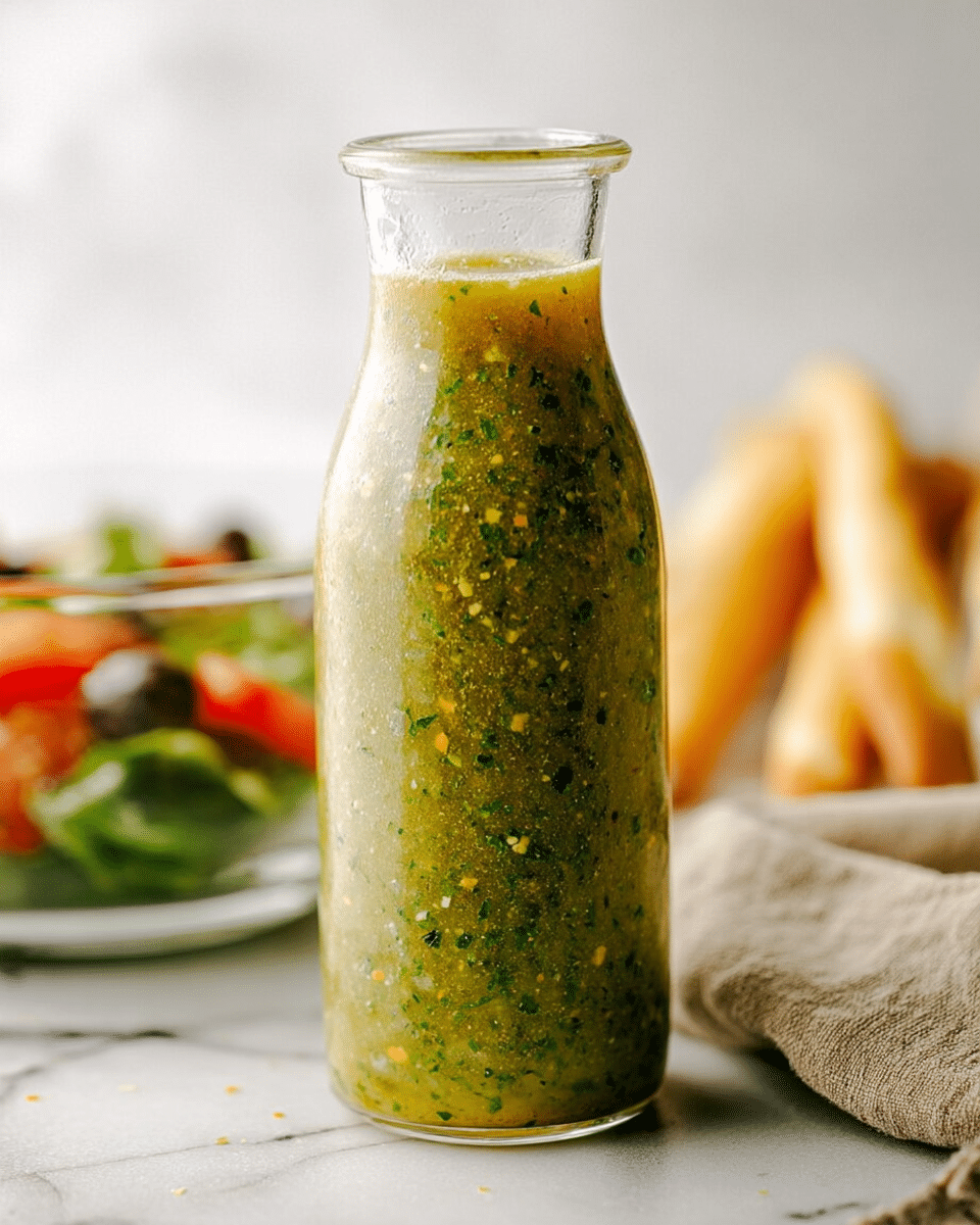 The image shows a clear glass bottle filled with a thick, textured green sauce that has visible herbs and spices throughout. The sauce has a slightly chunky consistency with tiny bits of green, yellow, and darker specks spread evenly. In the background, there is a clear glass bowl with a salad that includes tomato slices and olives, placed on a white marbled surface. Near the bottle are golden-brown breadsticks and a beige cloth napkin, adding a warm contrast to the scene. The overall lighting is soft and natural, creating a fresh and appetizing look. photo taken with an iphone --ar 4:5 --v 7