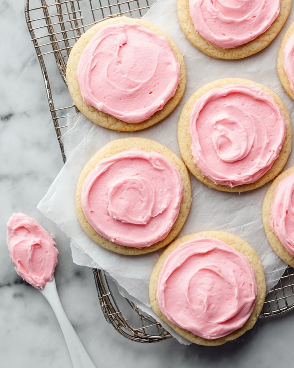 The image shows seven round sugar cookies, each topped with a thick layer of smooth, pale pink frosting. The cookies have a light golden-brown base with a slightly rough texture on the edges. The frosting is evenly spread with soft swirls, giving it a creamy look. Six cookies rest on a shiny metal cooling rack lined with white parchment paper, and the seventh cookie is placed directly on the white marbled texture surface beside the rack. A white spoon with some leftover pink frosting is partially visible at the top left corner of the image. photo taken with an iphone --ar 4:5 --v 7