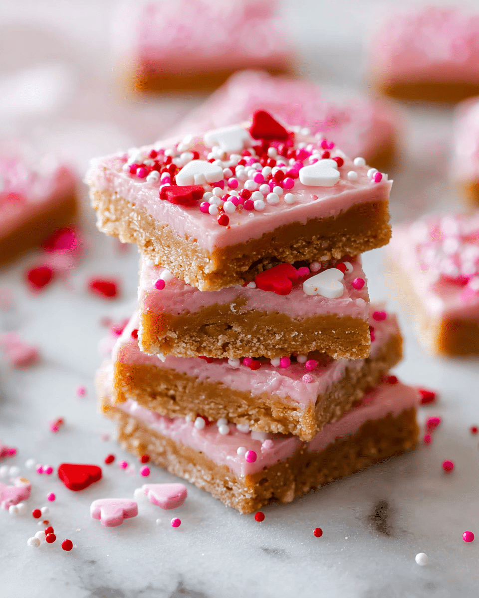 A stack of four square treats, each with two layers: a bottom thick light brown caramel layer with a slightly rough texture, and a top smooth light pink frosting layer sprinkled with small white, pink, and red heart-shaped and round sprinkles. The stack sits on a white marbled surface with scattered sprinkles around it, and a blurred background showing more similarly decorated treats. Photo taken with an iphone --ar 4:5 --v 7