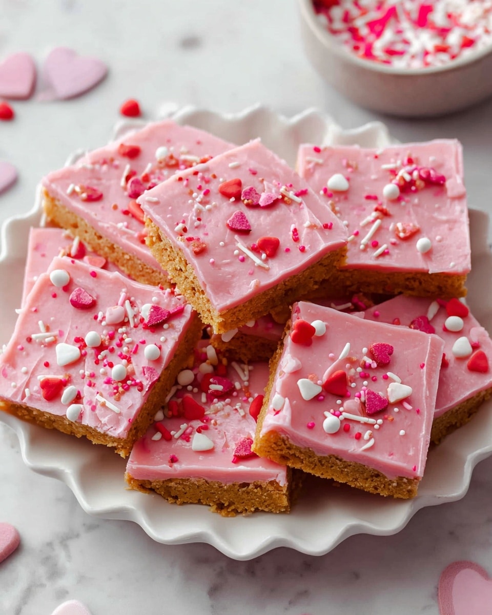 The image shows several square pieces of a sweet treat with two visible layers: a thicker, golden brown bottom layer with a crumbly texture, and a smooth, thick pink frosting layer on top. The frosting is decorated with various small sprinkles in white, pink, and red, including round dots, hearts, and tiny rods, spread evenly across the surface. The squares are arranged overlapping each other on a white flower-shaped plate. The background is a white marbled texture with a small bowl of matching pink, white, and red sprinkles placed near the top right corner. Photo taken with an iphone --ar 4:5 --v 7
