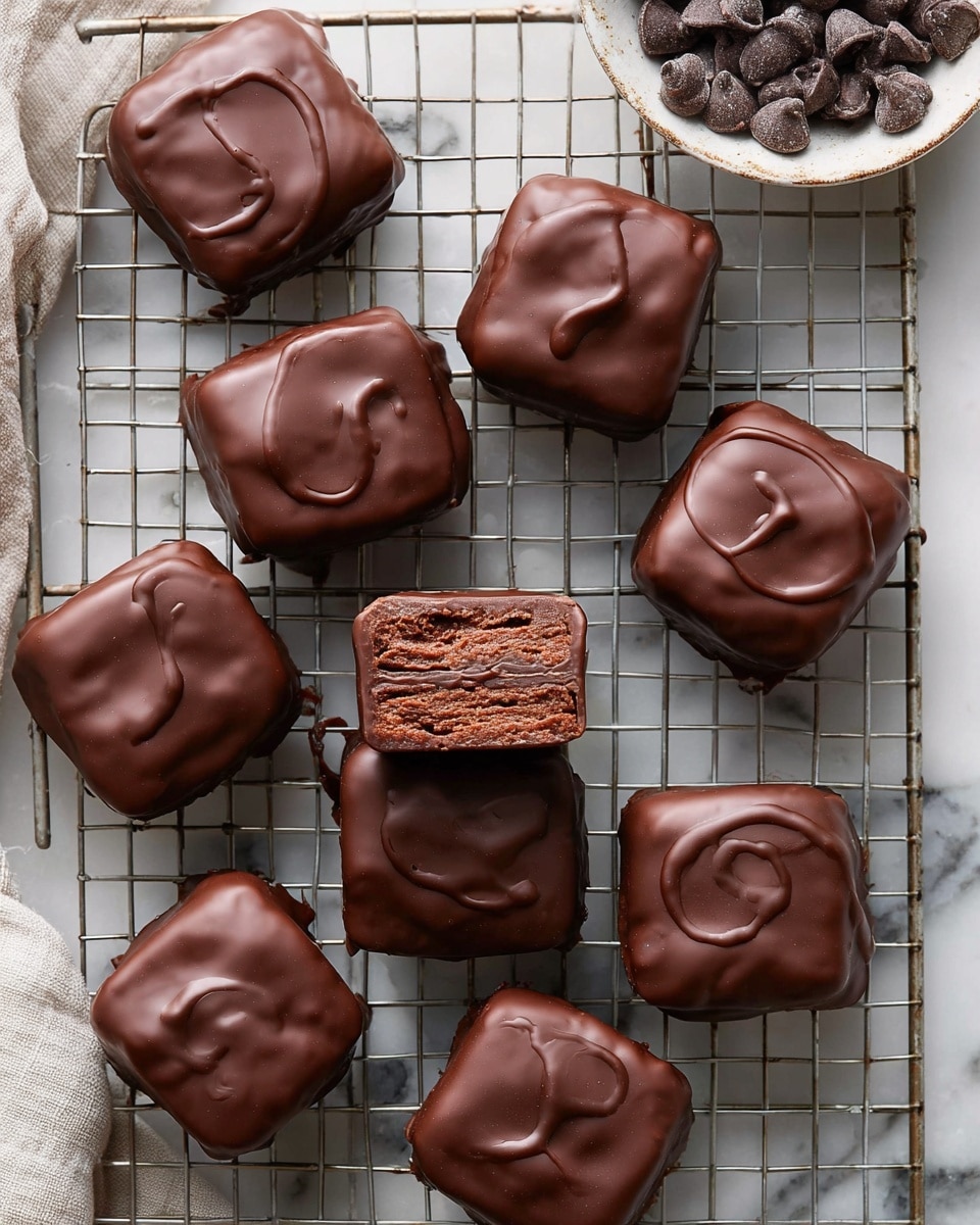The image shows nine glossy, square chocolate-covered pieces arranged on a metal cooling rack placed over a white marbled surface. Each piece is coated smoothly with a dark, rich chocolate layer, with slight swirls or indentations on the top. One piece is broken in half, revealing a dense, layered chocolate filling inside that is a lighter brown and textured. To the top right, a bowl with dark chocolate chips adds contrast to the scene. The overall look is neat yet inviting, highlighting the shiny, velvety chocolate exterior with a glimpse of the soft, layered interior. Photo taken with an iphone --ar 4:5 --v 7