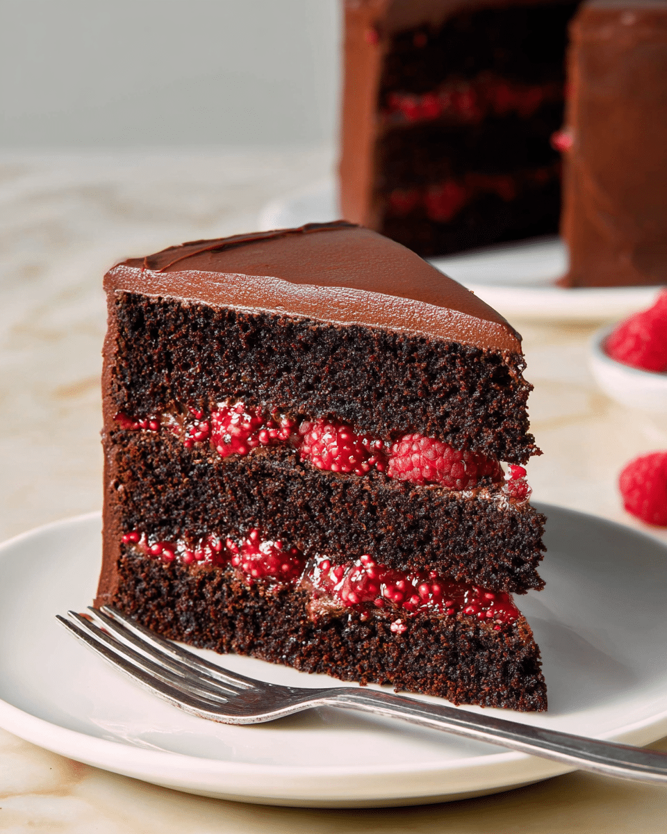 A three-layer chocolate cake slice sits on a white plate, each layer made of dark, moist chocolate sponge. Between the cake layers, there are two thick layers of bright red raspberry filling with visible seeds and whole raspberries, adding a glossy texture. The entire slice is coated with smooth, rich chocolate frosting covering the top and sides, with a slight swirl pattern on top. A metal fork rests on the plate next to the cake. In the background, the remaining cake is partially visible on a white plate, set on a white marbled surface. Photo taken with an iphone --ar 4:5 --v 7