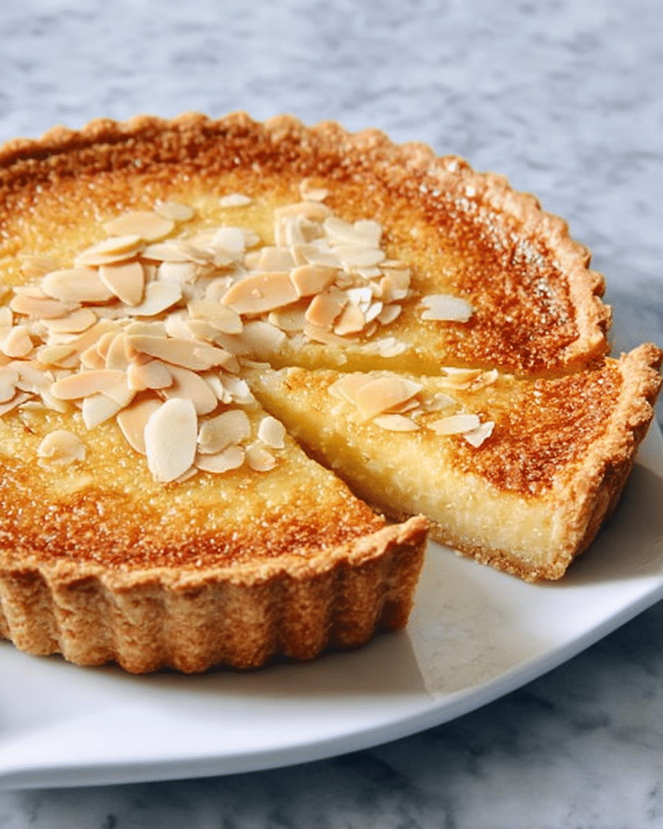 A golden-brown tart sits on a white plate with curved edges, resting on a white marbled surface. The crust is thick and crumbly with ridged edges, crisp and evenly baked. The inside layer is smooth with a light yellow color, topped with thin pale almond slices scattered evenly across the surface. The tart has one visible layer of filling beneath the crust. photo taken with an iphone --ar 4:5 --v 7
