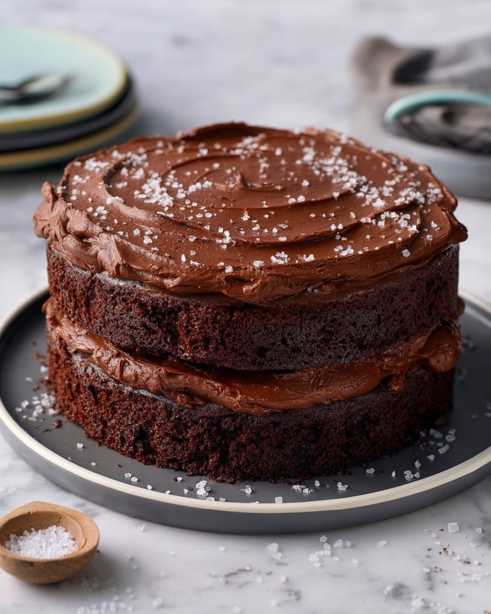 A two-layer chocolate cake sits on a white plate, each layer thick and dark brown with a rich, dense texture. Between the layers is a smooth, glossy chocolate frosting, matching the thick spread generously covering the top of the cake, swirled with a creamy texture. White flakes of coarse salt sprinkle the top of the frosting, adding contrast and texture. The background is a white marbled surface, with scattered salt flakes around the plate and a small dish of salt nearby. Photo taken with an iphone --ar 4:5 --v 7