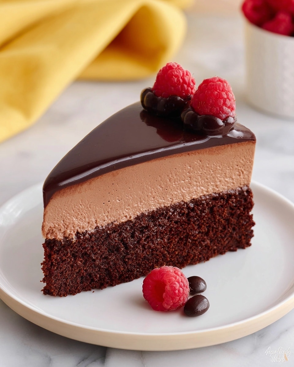 A single slice of chocolate mousse cake sits on a simple white plate on a white marbled surface. The cake has three layers: a moist dark brown chocolate cake base at the bottom with a soft texture, a thick middle layer of smooth light brown chocolate mousse, and a glossy dark chocolate ganache smoothly covering the top. On the top center, three small fresh raspberries and two glossy dark chocolate-coated coffee beans are placed as decoration, while one raspberry and one chocolate bean rest at the base of the slice on the plate. In the background, a yellow cloth is softly folded, adding a warm touch. Photo taken with an iphone --ar 4:5 --v 7