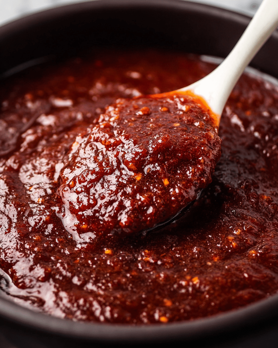 A close-up image shows a white spoon scooping thick, dark red sauce with a slightly glossy surface and a coarse texture with small bits visible throughout. The sauce has two main layers: a dense, chunky top layer with a rich, deep red color and a smoother, wetter layer underneath that reflects light. The white spoon contrasts with the deep red of the sauce, highlighting its thick and hearty consistency. The sauce is contained in a dark vessel, against a background of white marbled texture. photo taken with an iphone --ar 4:5 --v 7