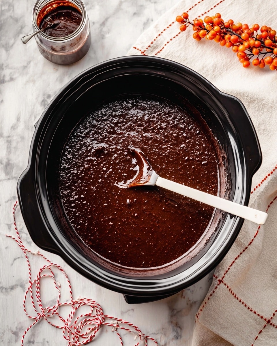 A large black slow cooker filled with a thick, dark brown chocolate batter with a slightly textured surface, showing some bubbles and unevenness. A white ladle rests inside the slow cooker, partially coated with the chocolate mixture. The background features a white marbled texture with a white cloth that has red stitched edges on the right side, and a small bunch of orange and red berries resting near the cloth. A jar with some of the chocolate mixture inside sits on the top left corner, with a red and white braided string curling near the bottom left corner. Photo taken with an iphone --ar 4:5 --v 7