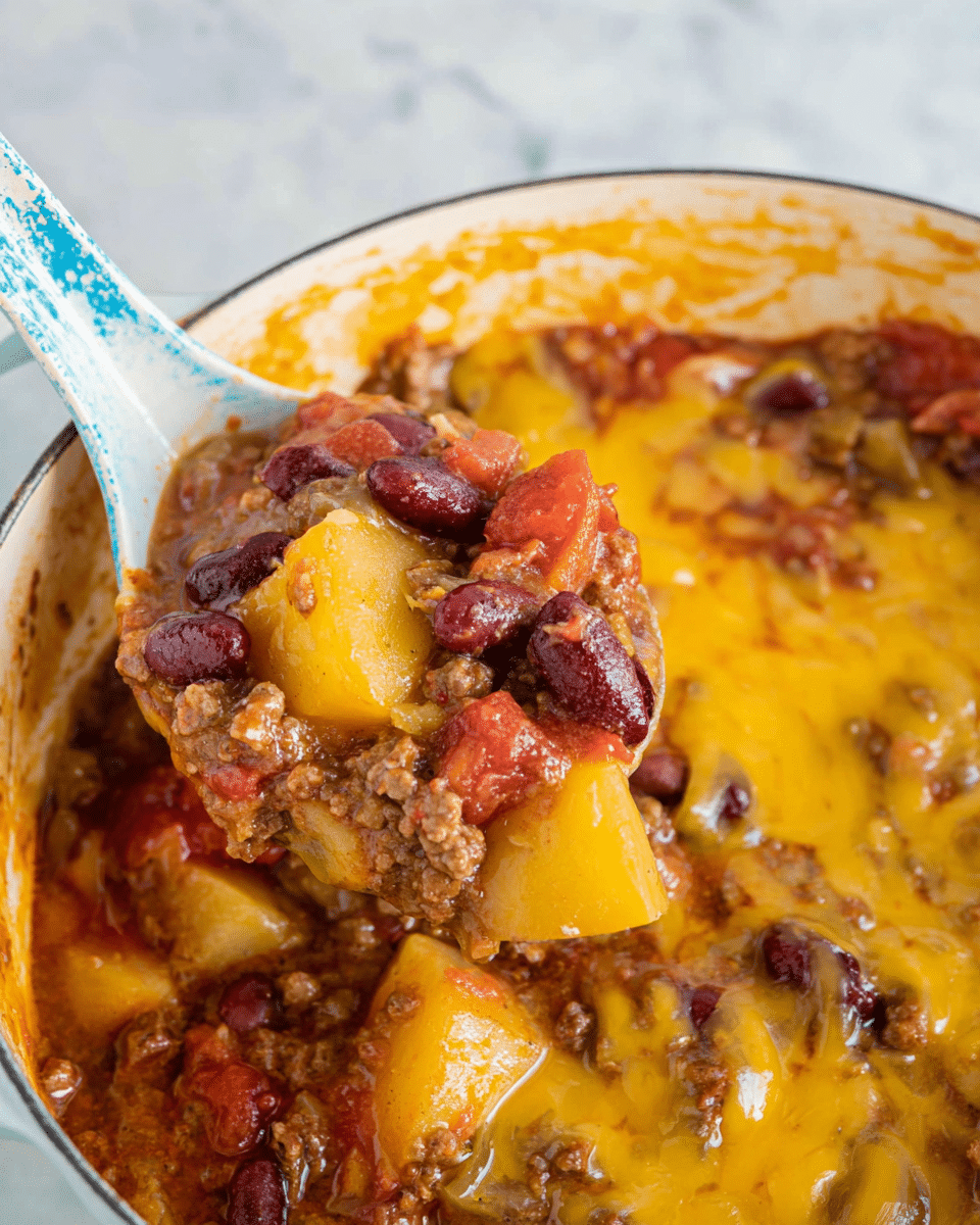 A close-up shot shows a thick stew with three visible layers: the bottom layer is chunky with browned ground meat and large pieces of yellow potato, the middle layer features whole dark red kidney beans and soft red tomato chunks, and the top layer is a smooth, melted bright yellow cheese covering parts of the stew unevenly. A white ladle with blue marbling on the handle scoops up the mix, and the stew sits inside a white pot. The pot and stew rest on a white marbled surface. photo taken with an iphone --ar 4:5 --v 7