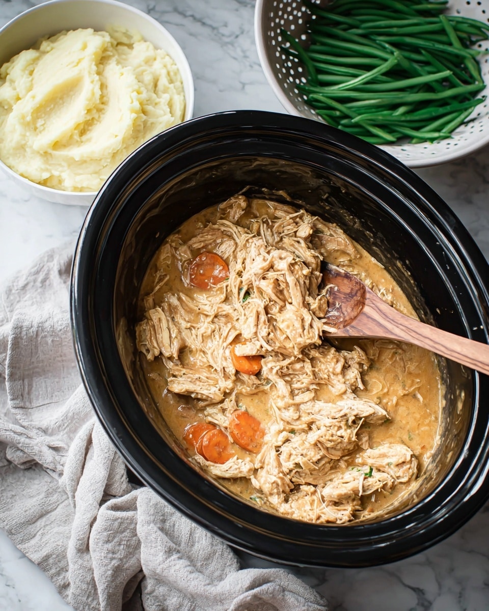 A black slow cooker holds a dish with shredded chicken mixed in a thick, light brown creamy sauce, with round slices of carrots visible in the mixture. A wooden spoon rests inside, partially lifting some of the shredded chicken and sauce, showing the texture of both the sauce and meat. To the left, a white bowl contains smooth, creamy mashed potatoes with a soft, pale yellow color. To the right, a white colander filled with fresh green beans is partially visible. The whole setup is on a white marbled textured surface, with a light gray fabric napkin beneath the slow cooker. photo taken with an iphone --ar 4:5 --v 7