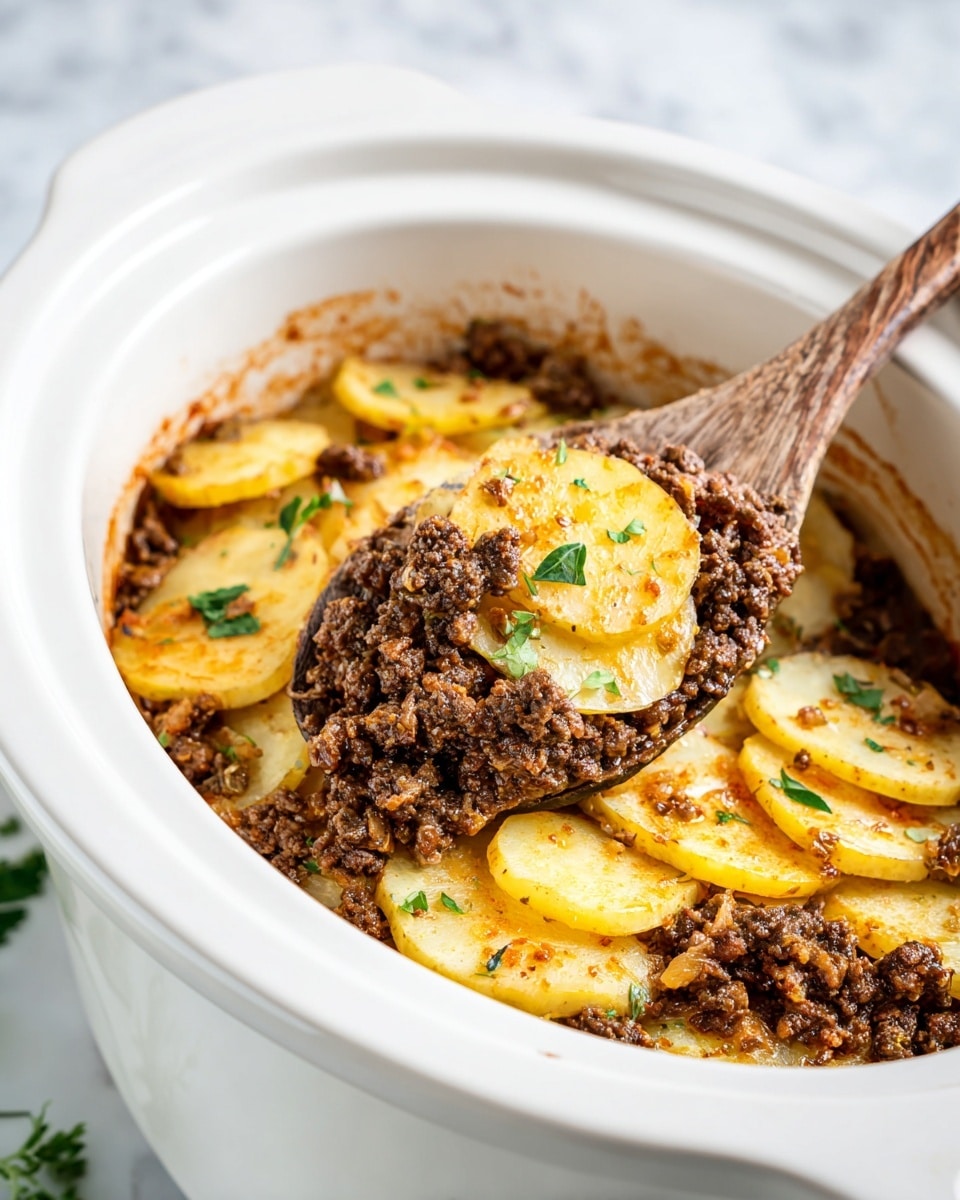 The image shows a white slow cooker filled with a layered dish. The bottom layer consists of thin, golden-yellow potato slices with a soft texture, slightly browned on the edges. Above the potatoes, there is a layer of cooked ground beef, dark brown and crumbly in texture, spread unevenly but generously. Small green herb pieces are scattered on top, adding a fresh color contrast. A rustic wooden spoon lifts a portion from the slow cooker, showing two layers of potatoes under the crumbled beef. The slow cooker is set on a white marbled surface. photo taken with an iphone --ar 4:5 --v 7