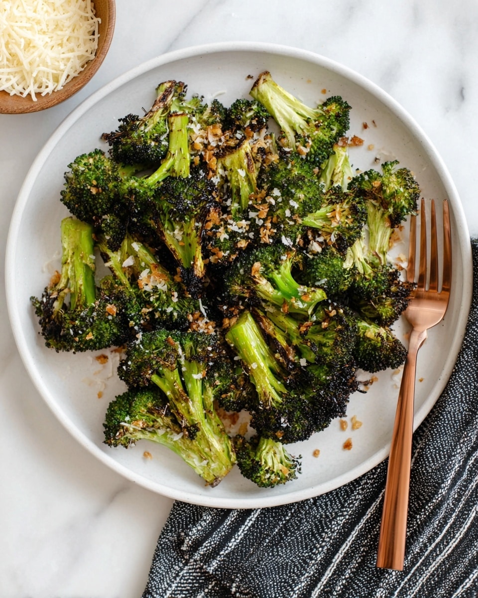 A white plate holds a single layer of roasted broccoli florets with charred, dark green tops and bright green stalks scattered throughout. Small bits of browned garlic and sprinkled grated cheese sit unevenly on top and between the broccoli pieces. To the right of the plate, a copper-colored fork rests partially on the plate and a striped black and white napkin lies underneath the fork on a white marbled surface. A bowl of shredded pale cheese is partially visible in the top left corner of the image. Photo taken with an iphone --ar 4:5 --v 7