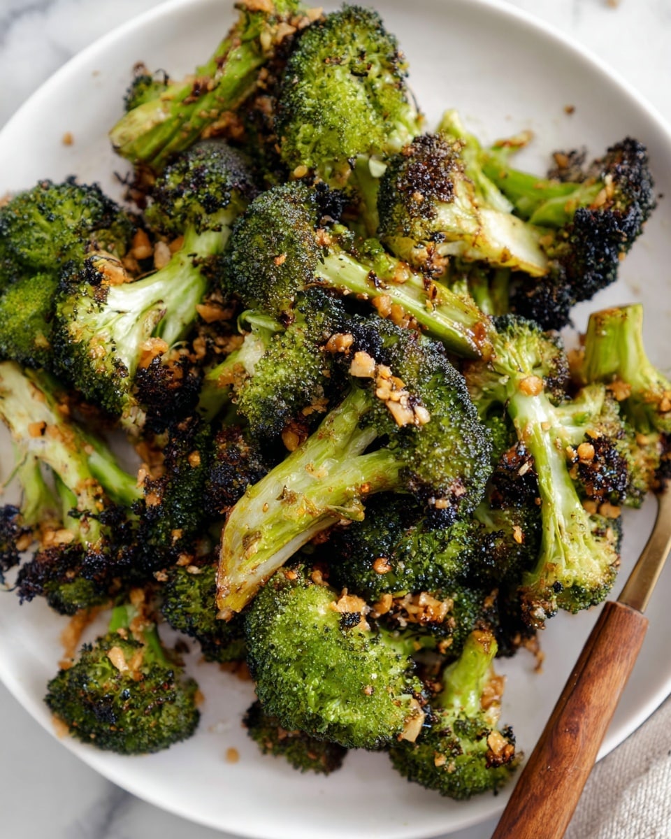 The image shows a pile of roasted broccoli pieces on a white plate, each piece having a mix of bright green and dark charred black edges with crispy textures. Small bits of golden brown roasted garlic are scattered on top, adding a crunchy look to the broccoli. The florets are unevenly charred, giving a mix of rough and smooth surfaces. The white plate is placed on a white marbled texture, and a wooden fork is partly visible on the right side. photo taken with an iphone --ar 4:5 --v 7