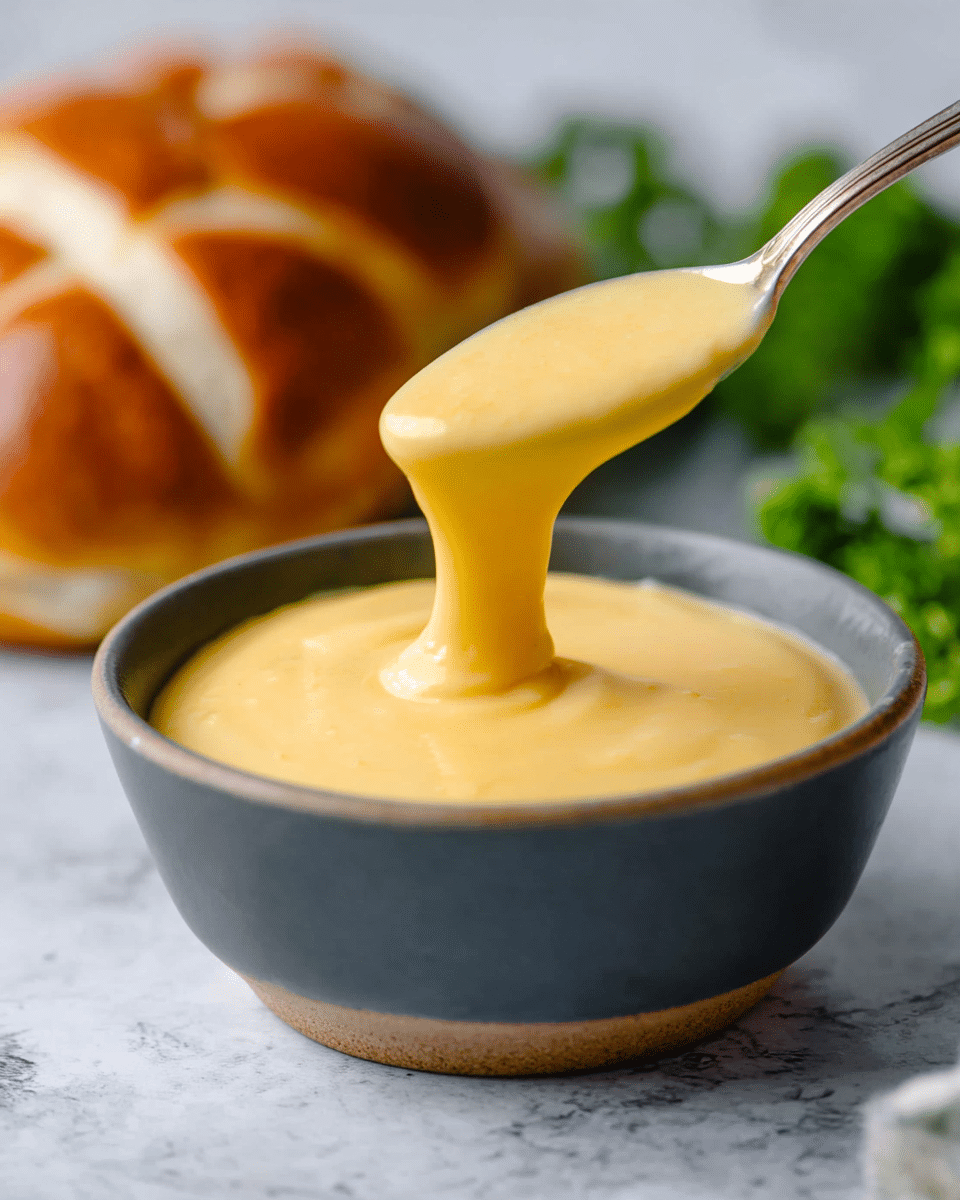 A close-up of a thick, smooth, creamy yellow sauce dripping from a silver spoon into a dark gray bowl filled with the same sauce at the bottom center of the image. In the soft background, there is a golden brown soft pretzel resting on the white marbled surface to the top left, and some green leafy garnish blurred on the top right. The scene shows a cozy and inviting snack setting with bright natural lighting. photo taken with an iphone --ar 4:5 --v 7