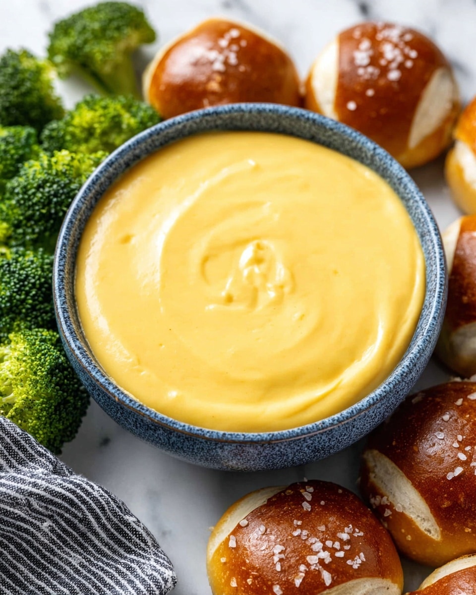 A round blue bowl filled with smooth, creamy yellow cheese sauce, swirled gently on the surface. Around the bowl, there are green broccoli florets and halves of soft pretzel rolls with shiny brown crusts and coarse salt on top, all resting on a white marbled textured surface. A black and white striped cloth is partially visible in the corner. Photo taken with an iphone --ar 4:5 --v 7