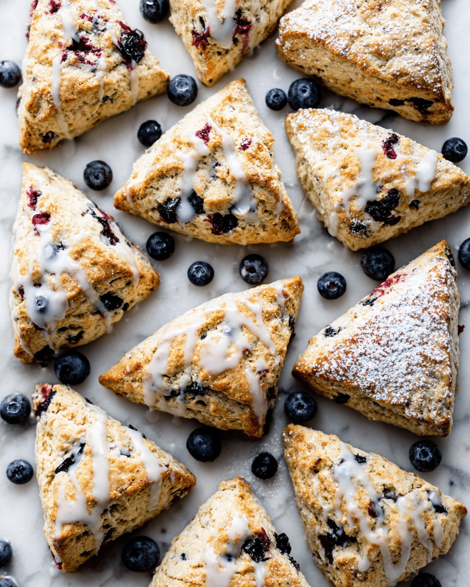 A close-up view of seven triangular scones arranged in a circle on a white plate, placed on a white marbled surface. The scones have a golden-brown, crumbly texture with visible blueberries and bits of red fruit throughout. Three scones are drizzled with shiny white icing, adding a smooth contrast to the rough dough. One scone has a dusting of powdered sugar on top, while the others display coarse sugar crystals baked into the surface, giving a sparkling effect. The pastry edges are slightly browned and crisp, showing a mix of textures from soft and moist inside to crunchy outside. photo taken with an iphone --ar 4:5 --v 7