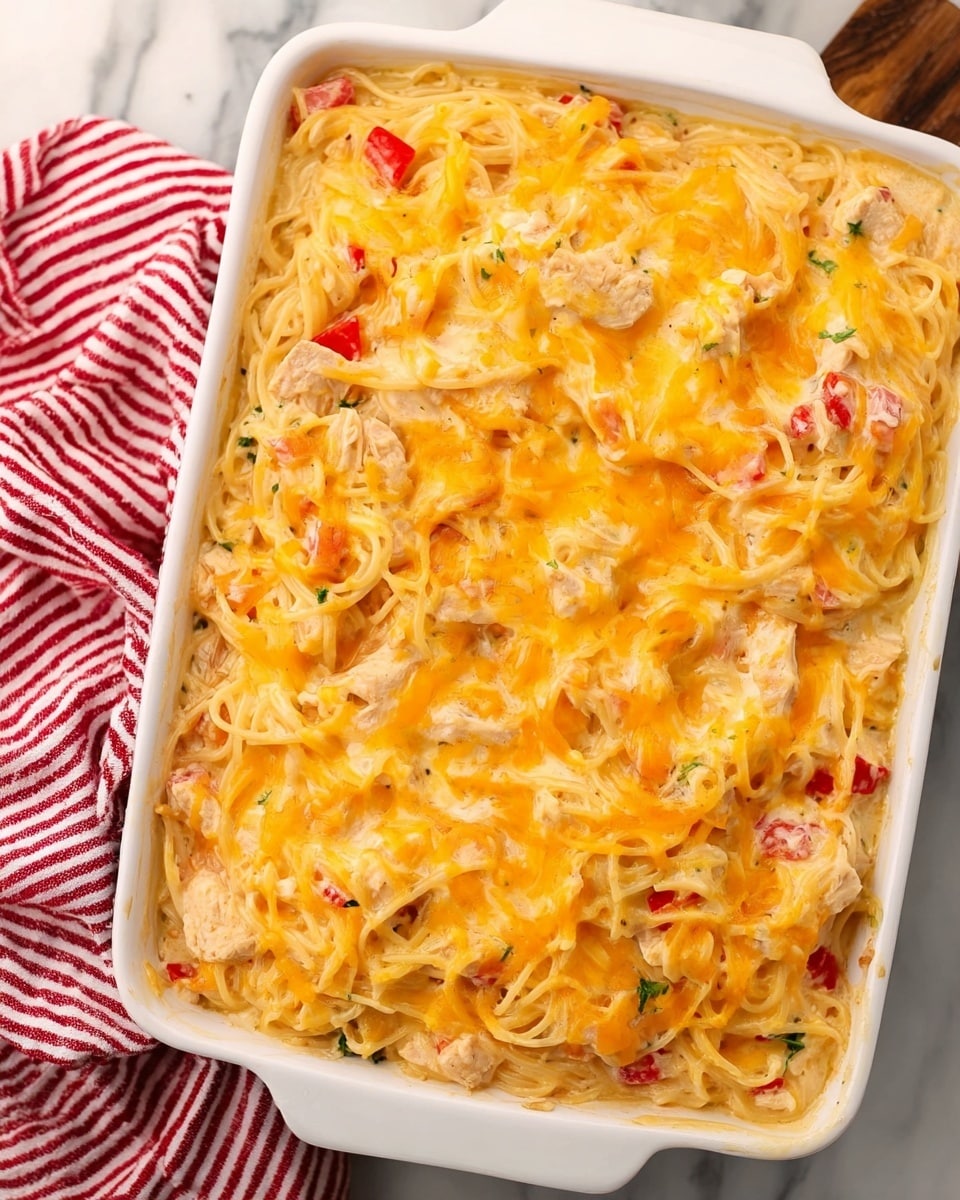 A white rectangular dish filled with a creamy baked casserole that has a top layer of melted golden-yellow cheese with some orange spots. Underneath the cheese is a creamy mixture of small pieces of chicken, thin spaghetti noodles, and small bits of red bell pepper all mixed in a creamy sauce. The cheese layer is bubbly and slightly browned in some places. The dish is sitting on a white marbled surface with a red and white striped towel partially visible on the left side. photo taken with an iphone --ar 4:5 --v 7