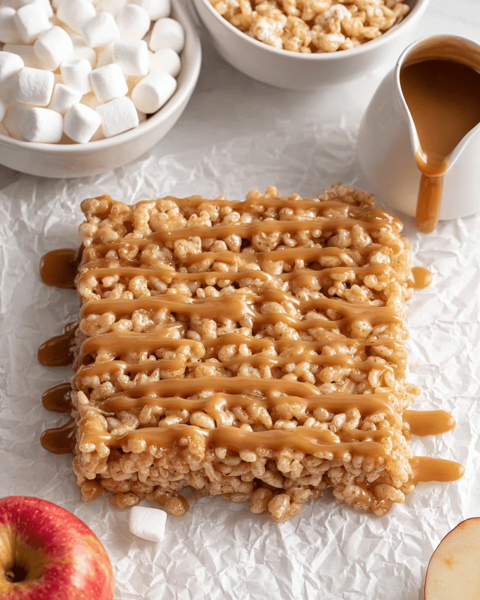 The image shows a square-shaped treat made from crispy puffed rice cereal, held together and covered with a smooth, caramel-colored sauce drizzled evenly across the top and slightly spilling onto the edges, resting on crinkled white parchment paper with a white marbled texture underneath. Behind the treat, there are three white bowls with ingredients: one filled with small white marshmallows, one with puffed rice cereal, and a white jug with the same caramel sauce dripping from its spout. A slice of red apple is partially visible at the lower left corner. photo taken with an iphone --ar 4:5 --v 7
