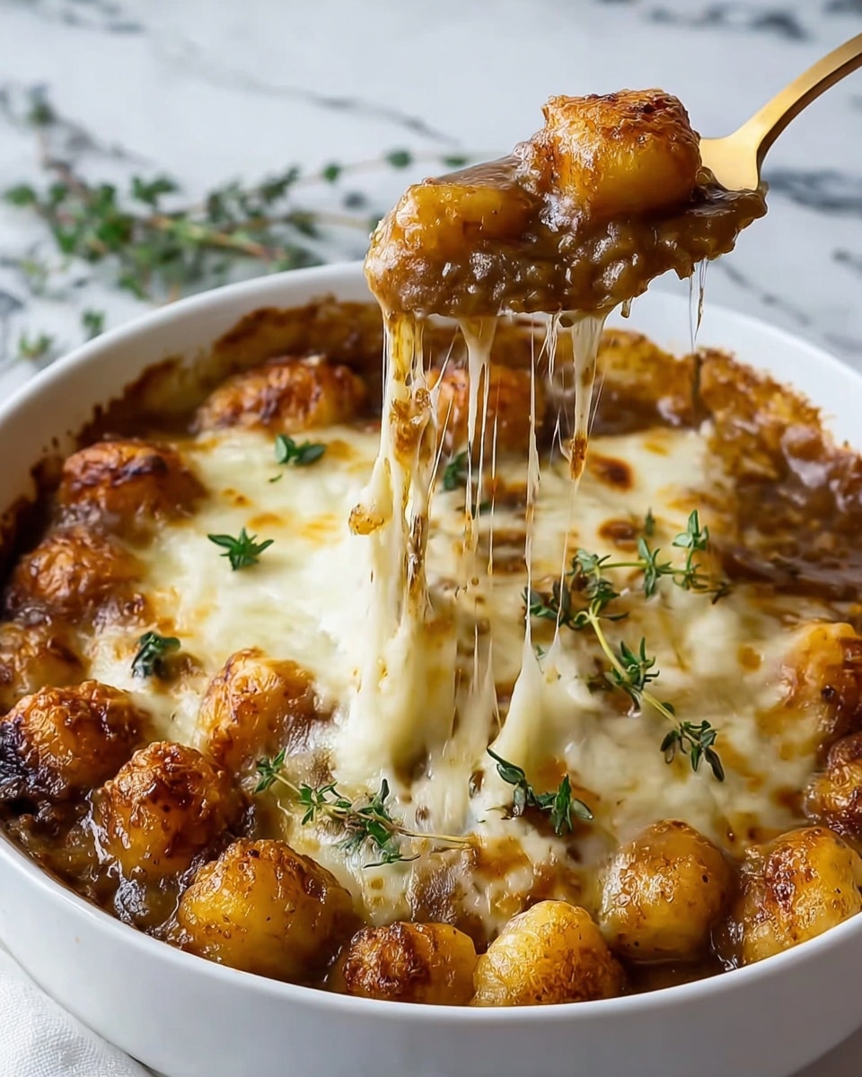 This image shows a white bowl filled with a hot baked dish of browned, crispy, golden gnocchi on top with melted, stretchy cheese underneath. The cheese is melting and stringing from a spoon lifting some gnocchi out, revealing a layer of thick brown sauce or gravy beneath the cheese. There are small green herb sprigs, possibly thyme, both on top of the cheese and surrounding the dish. The background is a white marbled texture. photo taken with an iphone --ar 4:5 --v 7