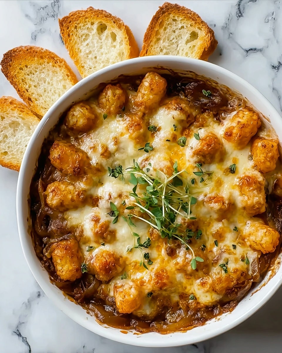 A white round bowl filled with a baked dish showing three layers: the bottom layer is dark brown caramelized onions, the middle layer is golden-brown tater tots embedded throughout, and the top layer is melted creamy cheese, slightly browned in spots. Fresh green herb sprigs are placed in the center for garnish. To the upper right of the bowl, three toasted slices of white bread are arranged, showing a golden brown crust and airy texture. The bowl sits on a white marbled surface. photo taken with an iphone --ar 4:5 --v 7