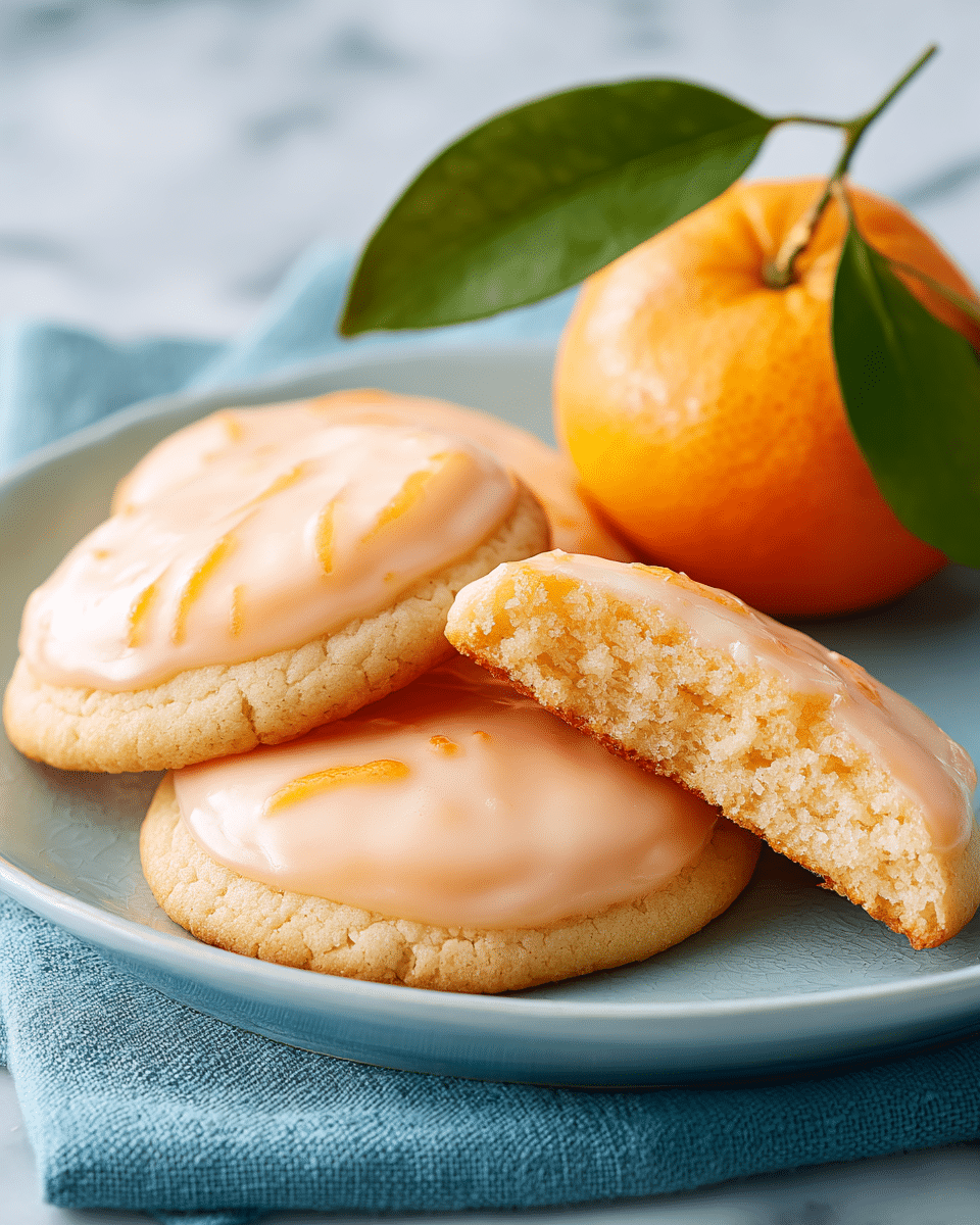 The image shows three round cookies on a white plate, each topped with a smooth, light orange glaze giving a glossy finish. Two whole cookies sit flat on the plate with a slightly cracked, golden-brown base visible. The third cookie is positioned leaning forward, showing its inner texture of soft, crumbly, light orange dough beneath the glaze layer. To the side of the cookies is a bright orange mandarin with a fresh green leaf still attached. The plate rests on a soft blue cloth, against a white marbled background. photo taken with an iphone --ar 4:5 --v 7