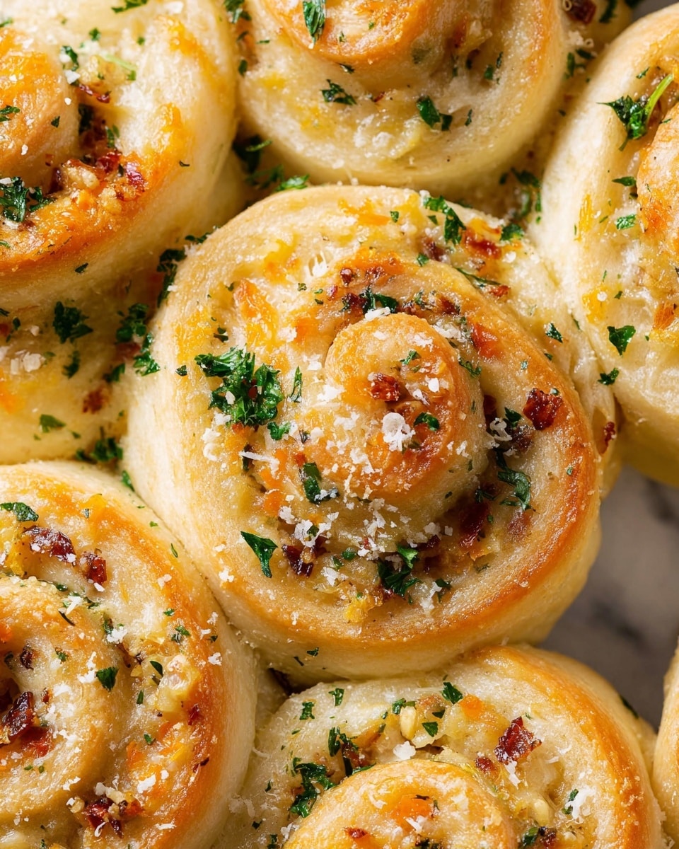 The image shows close-up of several baked garlic cheese rolls arranged closely together. Each roll has about three visible spiral layers of soft, golden dough with a slightly shiny, buttery texture. Spread inside the spirals is a creamy mix of melted cheese and small bits of browned garlic. Bright green parsley pieces are sprinkled evenly throughout the cheese layer, adding contrast and freshness. The tops of the rolls have lightly browned cheese and garlic bits, with some fine grated cheese scattered over them, giving a textured and appetizing look. All rolls sit against a white marbled background. photo taken with an iphone --ar 4:5 --v 7