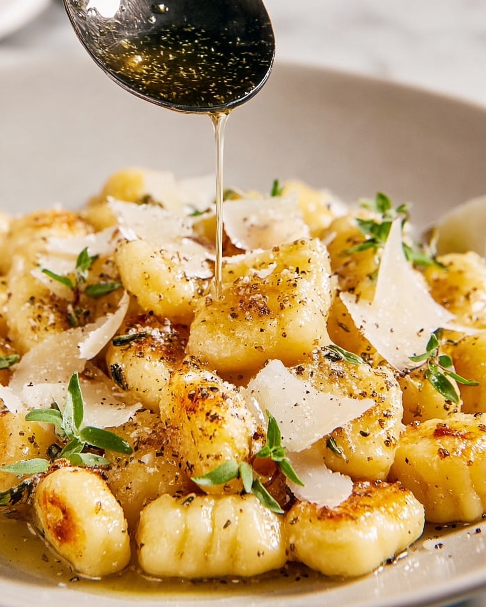 A close-up view of a plate filled with golden gnocchi pieces, each piece slightly browned on the edges and coated with a light layer of melted butter and seasoning. Thin shreds of white cheese are sprinkled evenly over the gnocchi, along with small green herb leaves adding a touch of color. A spoon held above the gnocchi drizzles more sauce or butter onto the dish. The gnocchi rests on a white plate, set against a white marbled texture background. photo taken with an iphone --ar 4:5 --v 7