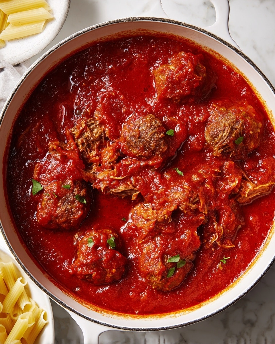 A white round pot filled with thick, bright red tomato sauce covering several large meatballs and pieces of shredded meat. The meatballs are chunky and brown with specks of green herbs, partially submerged in the sauce which has a rich texture with visible small bits of tomato. The surface of the sauce glistens with oil, and the pot is placed on a white marbled texture. Part of a white bowl with pale yellow ridged pasta is visible beside the pot. photo taken with an iphone --ar 4:5 --v 7