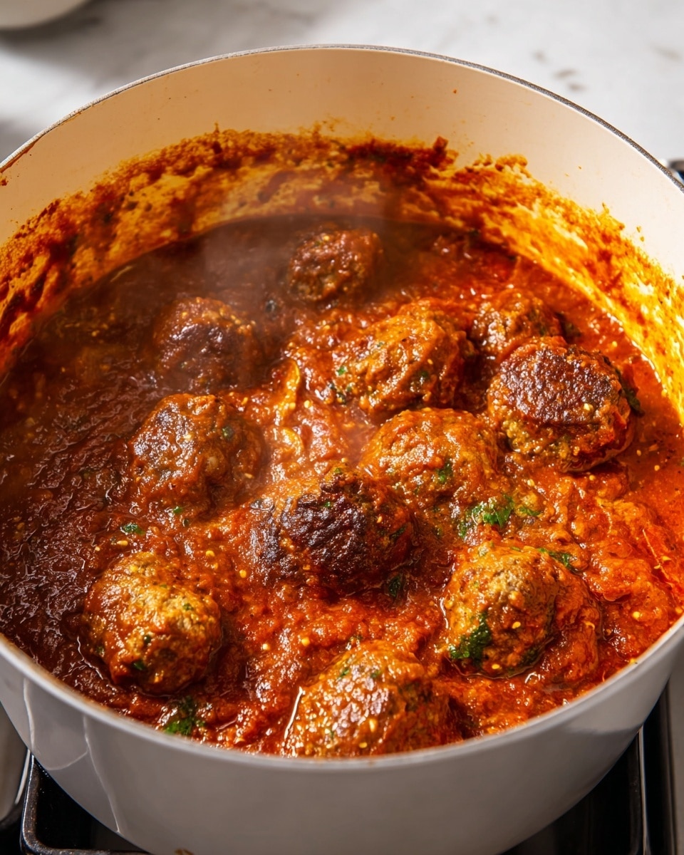 A white pot filled with a thick, rich red-orange tomato sauce simmering with several browned meatballs partially submerged in the sauce, showing bits of green herbs inside the meatballs. The sauce has a textured, slightly chunky appearance with visible steam rising, and splashes of sauce coating the inside rim of the pot. The pot sits on a stove with a clean white marbled surface visible in the background. photo taken with an iphone --ar 4:5 --v 7