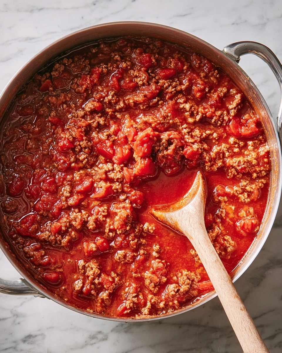 A white bowl filled with a base layer of pale yellow cooked spaghetti noodles, thin and slightly glossy. On top, there is a chunky meat sauce with visible pieces of minced brown ground meat and bright red tomato chunks, creating a rich orange-red sauce texture. Part of the sauce is being scooped up by a wooden spoon, showing the thick, hearty consistency with bits of meat and tomato. The background features a blurred white marbled texture. photo taken with an iphone --ar 4:5 --v 7
