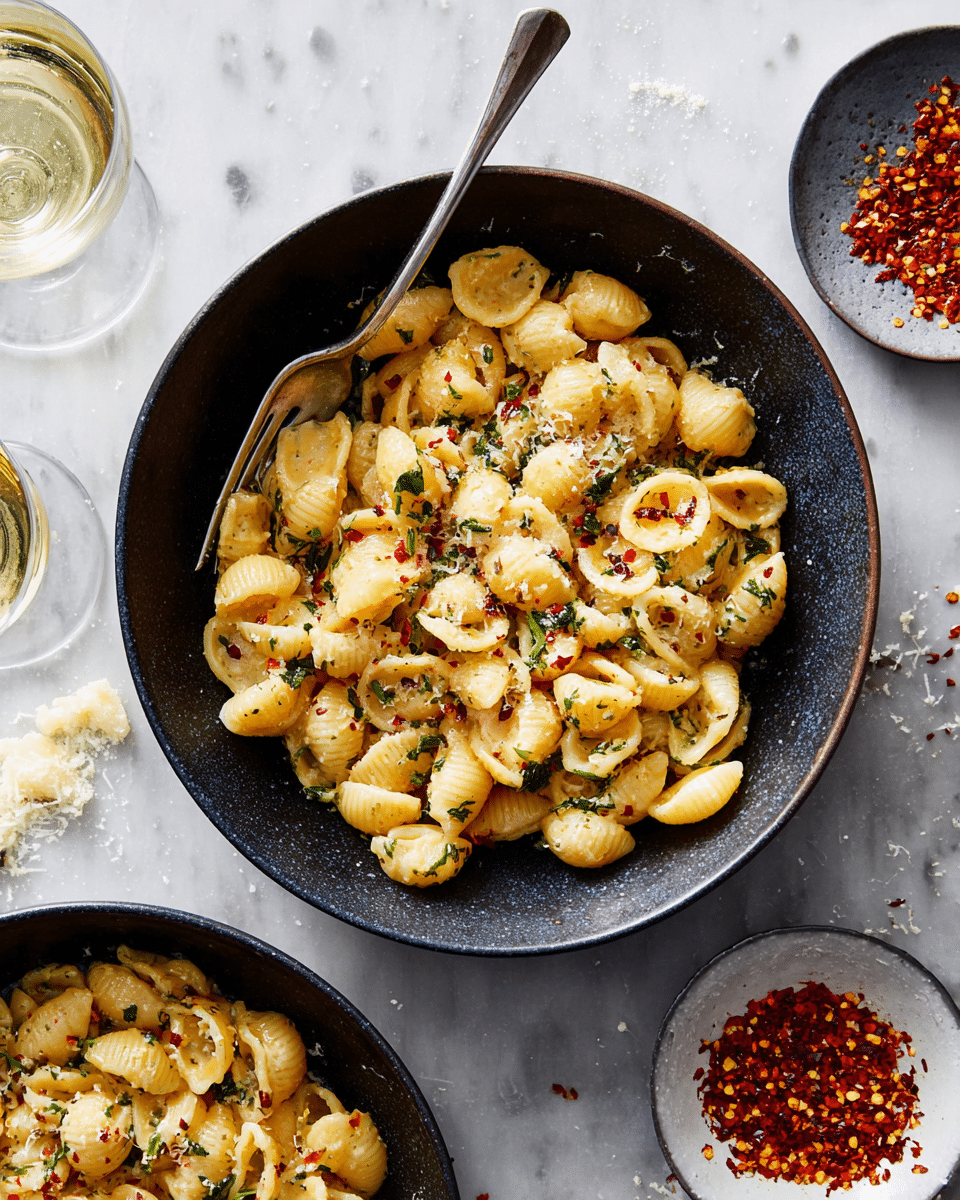 Two white bowls filled with golden gnocchi pasta coated in a light butter sauce with small red chili flakes and finely chopped green herbs, each piece of gnocchi plump and slightly ridged. One bowl has a silver spoon resting inside, with a small pool of sauce visible beneath the gnocchi. To the right, there is a small white bowl containing bright red chili flakes, with some scattered on the white marbled surface below. On the left side of the image, a glass of white wine is partially visible, adding a light, fresh touch to the setting. The whole scene is set on a clean white marbled background. Photo taken with an iphone --ar 4:5 --v 7