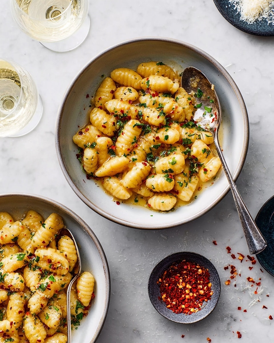 A black bowl filled with small, shell-shaped pasta coated in a light yellow sauce with red chili flakes and sprinkled green herbs scattered over the top; a silver spoon rests inside the bowl on the left side. There is a partial second bowl like the first in the lower right corner, also filled with the pasta dish. On the white marbled surface around the bowls, there are small bits of grated cheese and red chili flakes scattered. A glass of white wine is placed on the left side, and a small white bowl filled with crushed red pepper flakes is visible in the top right corner. Photo taken with an iphone --ar 4:5 --v 7