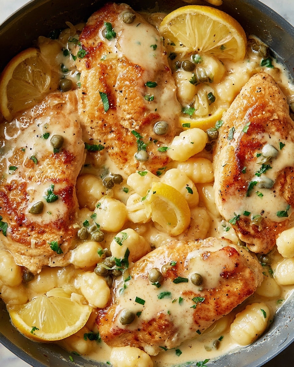 A black pan filled with five browned chicken breasts layered with a smooth, creamy yellow sauce that covers parts of the chicken and gnocchi. The gnocchi are small, pale yellow, and soft, scattered around and under the chicken. Thin lemon slices in bright yellow are placed between and around the chicken pieces. The entire dish is topped with small green capers, chopped parsley, and specks of black pepper. The background is a white marbled surface. photo taken with an iphone --ar 4:5 --v 7