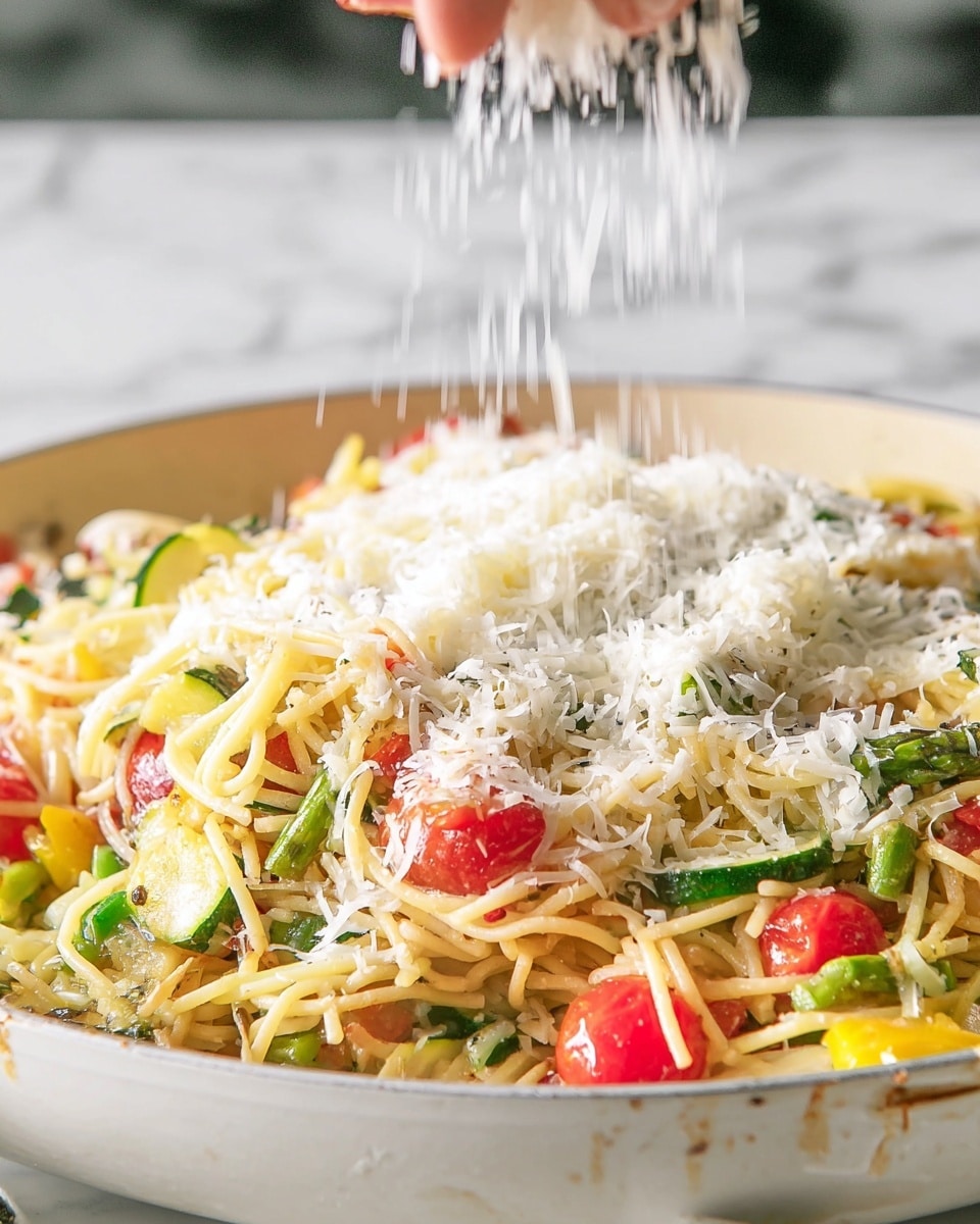 The image shows a large white pot filled with spaghetti pasta mixed with bright green asparagus pieces, light green zucchini slices, halved red cherry tomatoes, green peas, and small red bell pepper pieces. The pasta is coated in a creamy light yellow sauce, with the vegetables evenly spread throughout. The pot has green handles and sits on a white marbled surface, with a wooden spoon placed nearby. Photo taken with an iphone --ar 4:5 --v 7