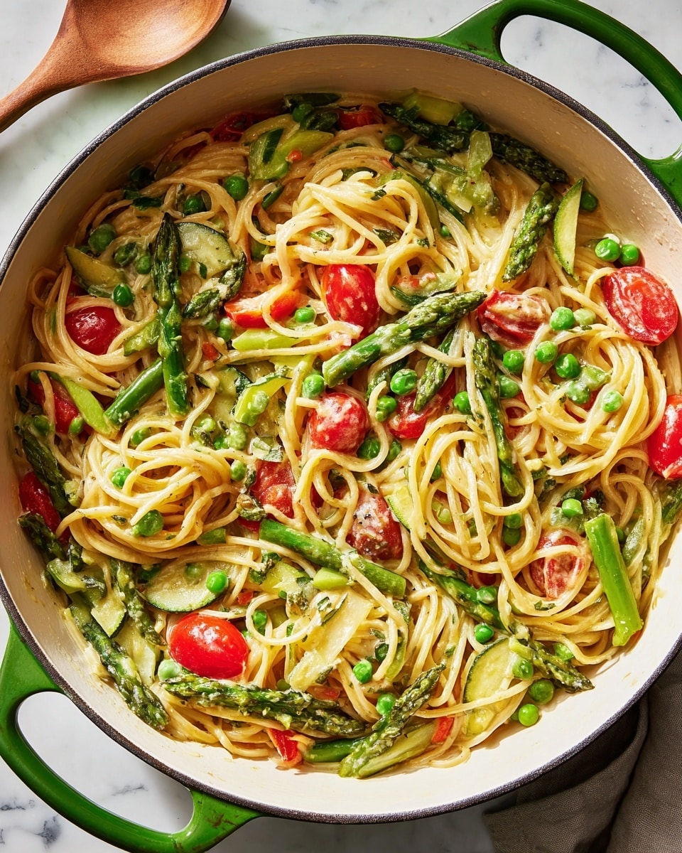 A close-up view of a white pan filled with cooked spaghetti mixed with pieces of zucchini, red cherry tomatoes, green asparagus, and yellow bell peppers, all finely mixed together. On top, shredded white cheese is being sprinkled down from above, creating a soft textured layer over the colorful pasta and vegetables below. The background is a white marbled texture, and a woman's hand is gently adding the cheese. photo taken with an iphone --ar 4:5 --v 7