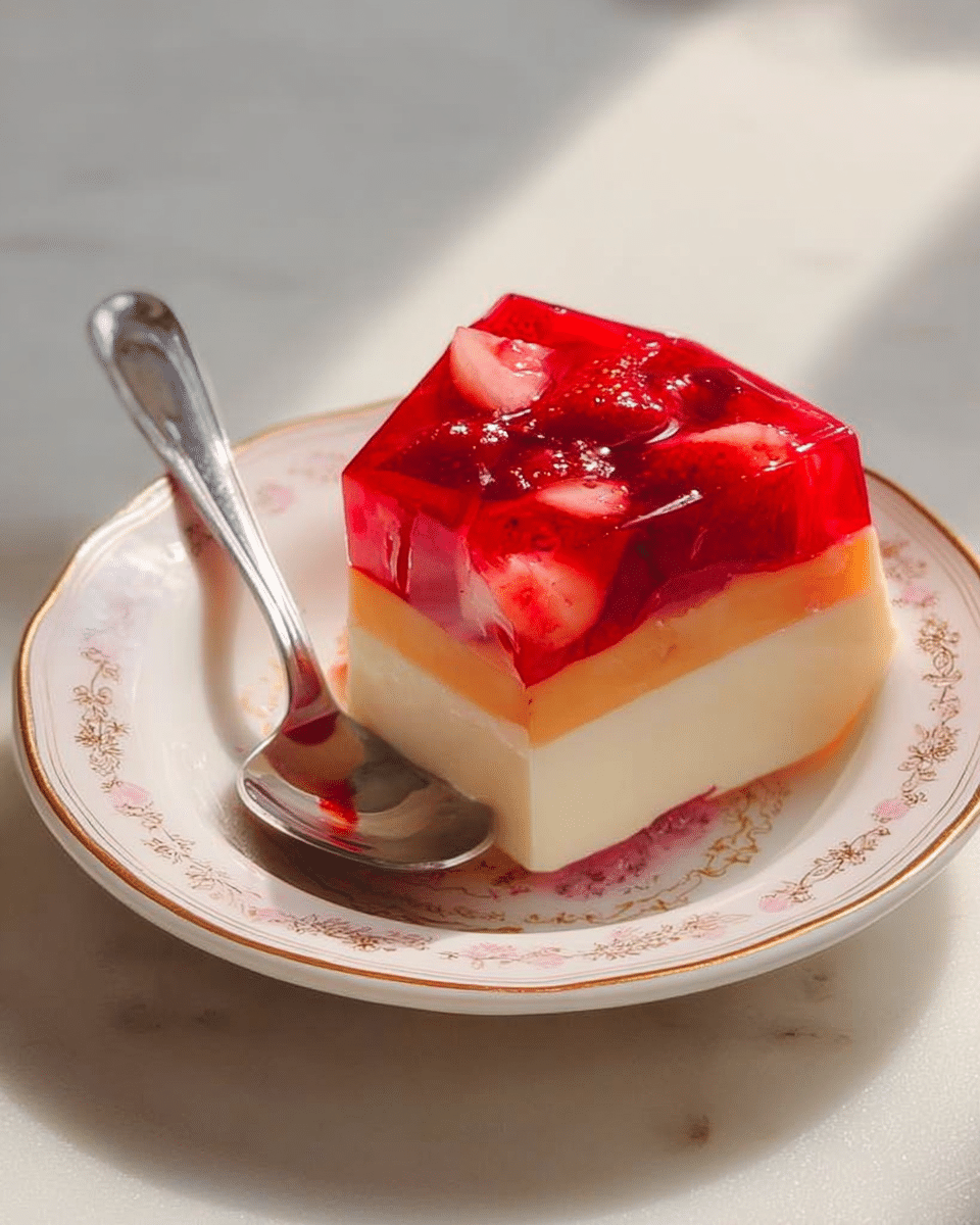 A small white bowl with delicate gold and pink patterns holds a slice of layered gelatin dessert. The dessert has three visible layers: a smooth creamy white base at the bottom, a bright orange middle layer, and another white layer on top. On one side, the slice is covered with a shiny red fruit topping that looks like strawberry jelly with small chunks of strawberries inside. Inside the bowl, there is a small shiny metal spoon resting beside the dessert. The bowl sits on a white marbled surface with soft light coming from the side. photo taken with an iphone --ar 4:5 --v 7