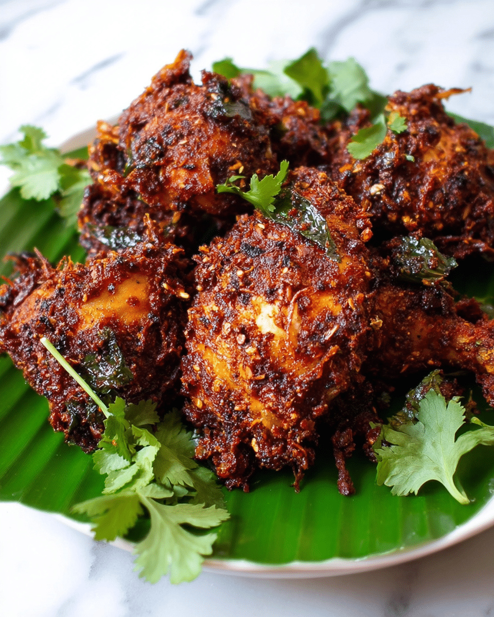 A dish of spiced fried chicken pieces is served on a white plate lined with a bright green banana leaf. The chicken is coated with a dark, crumbly, reddish-brown spice mix, creating a rough texture. Small green coriander leaves are sprinkled on top and around the chicken, adding a fresh contrast in color. The chicken pieces are piled in the center, showing a mix of crispy edges and tender interior bits. The plate sits against a white marbled background. photo taken with an iphone --ar 4:5 --v 7