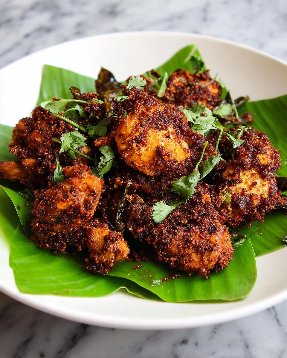 The image shows a close-up of a white plate with a large green leaf on the bottom, holding several pieces of dark brown fried chicken coated with a rough, spicy, and crunchy reddish-brown crust with visible herbs and spices. The chicken pieces have a textured surface with bits of crushed spices sticking out, creating a crispy look. Scattered around the plate and leaf are fresh green cilantro leaves adding a fresh contrast to the dark and rich chicken. The plate is placed on a white marbled surface, and the overall scene focuses tightly on the chicken’s crispy texture. photo taken with an iphone --ar 4:5 --v 7