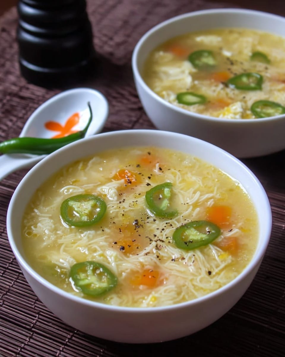The image shows two white bowls filled with a light yellow soup that has a clear broth texture. Inside the soup, there are visible thin white egg strands, small orange carrot cubes, and thin green slices of chili pepper scattered on top, sprinkled with black pepper. A white ceramic spoon with a small orange flower design holds a whole green chili pepper and is placed next to the bowls. The background surface is dark brown woven texture, creating contrast with the white bowls and spoon. A black pepper grinder can be seen blurred in the background behind the bowls. photo taken with an iphone --ar 4:5 --v 7