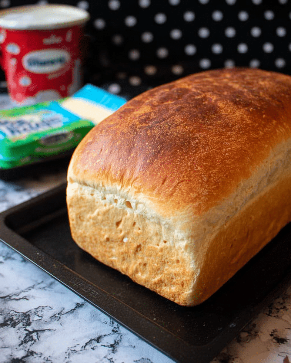 A loaf of bread with a golden brown crust on top and lighter beige sides lies on a black baking tray. The bread has a smooth texture with small air pockets visible in the crust. Behind the bread, there is a light blue and green butter package along with a red and white container, all set against a dark background with white polka dots. The surface under the tray is changed to a white marbled texture. photo taken with an iphone --ar 4:5 --v 7