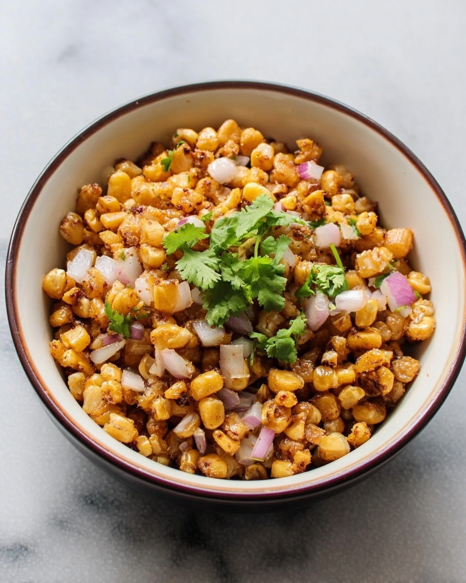 A close-up image of a bowl filled with crispy corn pieces that are golden brown and crunchy in texture. Mixed within the corn are small, finely chopped pieces of white and purple onions scattered on top, adding pops of color. There are a few green coriander leaves placed in the center as garnish, giving a fresh look. The bowl is white with a thin brown rim on the outside. The background is a white marbled surface. Photo taken with an iphone --ar 4:5 --v 7
