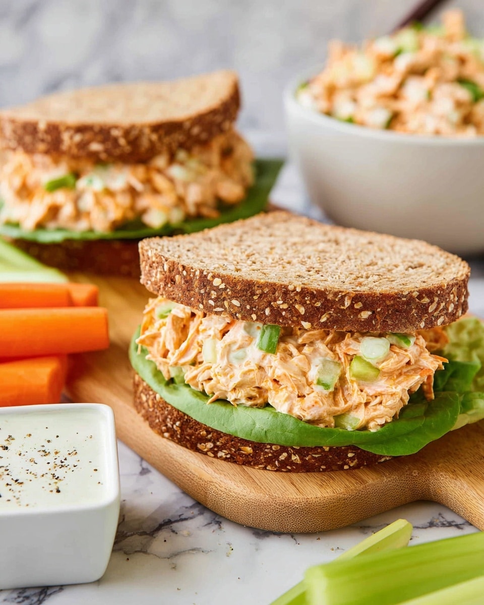 Two hearty sandwiches sit on a wooden board over a white marbled surface, each made with two slices of whole grain bread as the top and bottom layers, showing a dense texture with oats on the crust. The bottom slice covers a bright green leaf of lettuce, topped with a thick, creamy mixture of shredded chicken with visible orange carrot strands and small green celery pieces, drizzled with white dressing. On the side, there are fresh carrot and celery sticks and a small white square bowl holding a white sauce sprinkled with black pepper and chopped green herbs. In the background, a white bowl is filled with more of the creamy shredded chicken salad. Photo taken with an iphone --ar 4:5 --v 7
