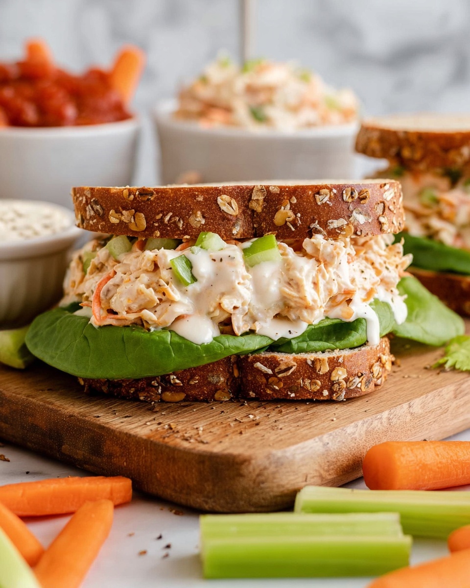 A close-up of a sandwich on a wooden board with two slices of brown multigrain bread with oats on top; inside there is a green leafy lettuce base layer, topped with a thick, creamy mixture of shredded chicken and finely chopped celery and carrots mixed with a white dressing drizzled unevenly over it. Around the sandwich, there are carrot and celery sticks scattered, a small white round bowl of ranch dressing with black pepper on top on the left, and two white round bowls behind the sandwich, one filled with shredded chicken salad and the other with a red sauce. The background is a white marbled texture. Photo taken with an iphone --ar 4:5 --v 7