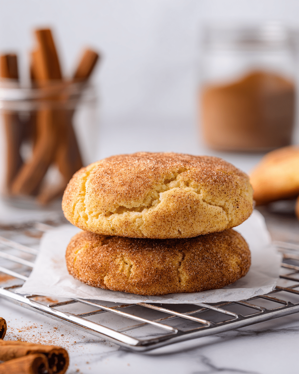 Two soft, round cookies are stacked on top of each other on a silver wire rack lined with white parchment paper. Each cookie has a golden-brown color with a cracked texture and is coated lightly with cinnamon sugar, giving a slightly grainy surface with a mix of light and dark browns. The wire rack rests on a white marbled surface, and in the background, there are cinnamon sticks and a blurred glass jar with more cinnamon, adding warm brown tones to the scene. Photo taken with an iphone --ar 4:5 --v 7