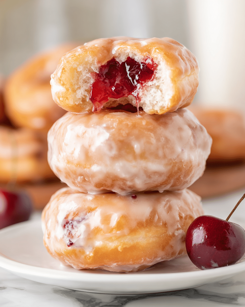 A stack of three glazed cherry-filled donuts sits on a white plate placed on a white marbled surface. The bottom two donuts have a smooth, shiny glaze with a light golden-brown color and a slightly bumpy texture. The top donut is bitten to show a bright, glossy red cherry filling inside, with the soft white dough surrounding it. A deep red cherry rests next to the donuts on the plate. In the background, blurred more donuts can be seen. Photo taken with an iphone --ar 4:5 --v 7