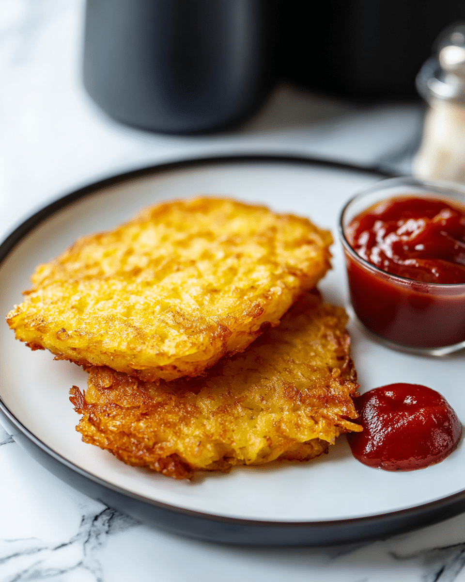 Two golden brown crispy hash browns are placed slightly overlapped on a white plate, with a small pile of bright red ketchup beside them on the right. The hash browns have a rough, crunchy texture with tiny bits visible on the surface. The plate sits on a white marbled surface, and in the background, a white salt container and a dark bottle are softly out of focus. photo taken with an iphone --ar 4:5 --v 7