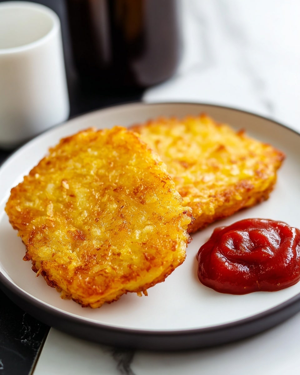 Two golden brown hash browns with a crispy texture are stacked slightly off-center on a white plate, next to a small heap of glossy, deep red ketchup on the right side. The plate sits on a white marbled surface, with a blurred salt container and other dark objects in the background. The hash browns have a rough, crunchy outer layer with some uneven crisp edges visible. photo taken with an iphone --ar 4:5 --v 7