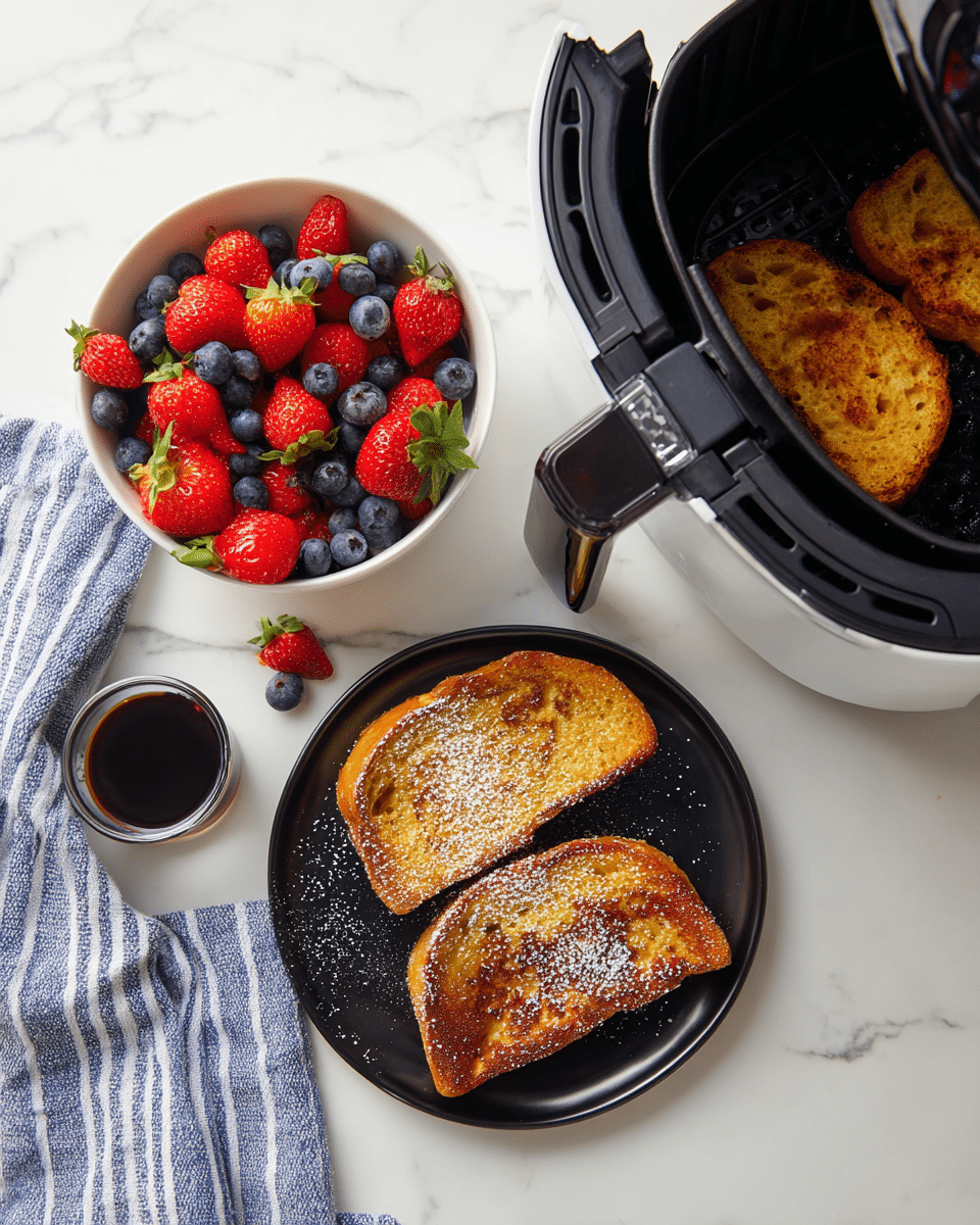 The image shows three thick slices of French toast stacked on a black plate, each piece golden brown with a slightly crispy texture and sprinkled lightly with white powdered sugar. To the right side of the plate is a small silver metal cup filled with dark syrup, reflecting light on its smooth surface. In the background, a white colander holds fresh, red strawberries and dark blueberries, and a white and blue striped cloth napkin is placed on a white marbled surface. photo taken with an iphone --ar 4:5 --v 7